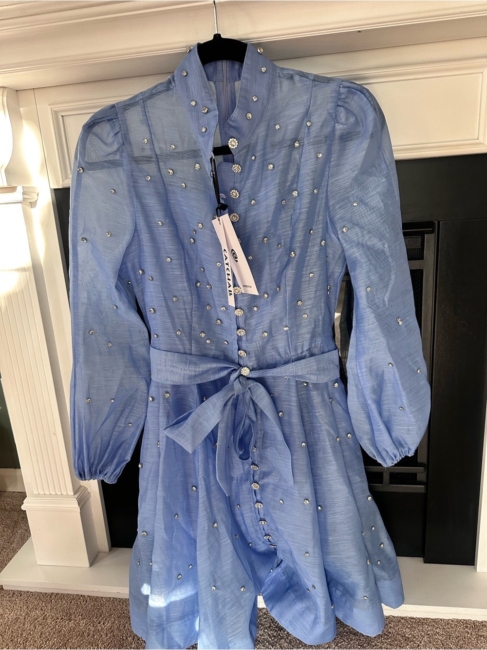 Light Blue Embellished Long-Sleeve Tie-Waist Dress